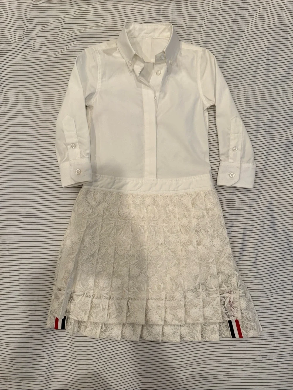 Thom Browne White Lace Pleated Dress with Button-Down Top